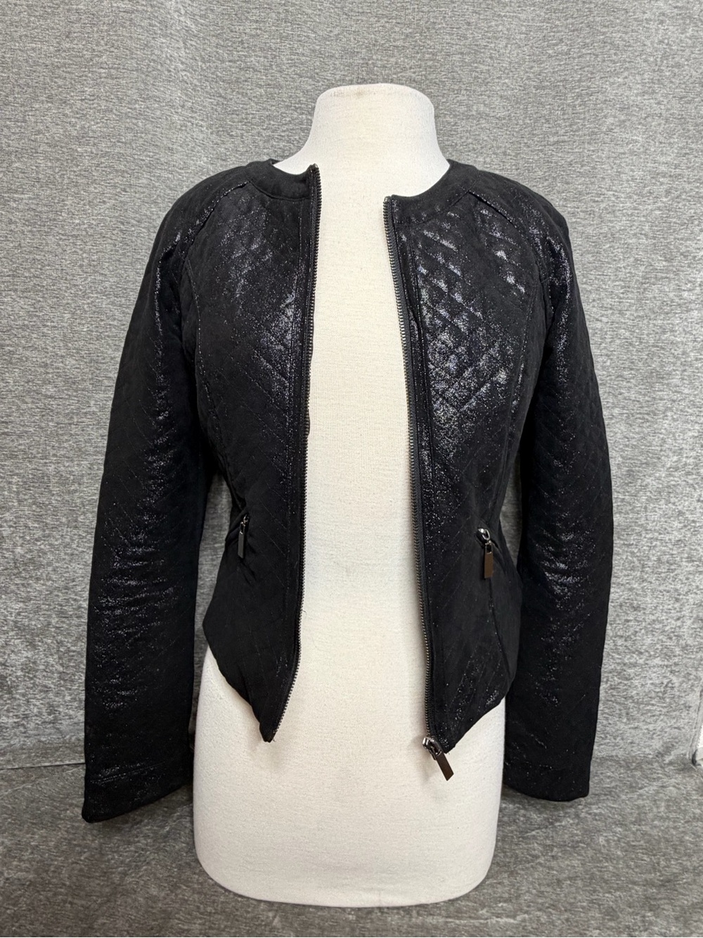 bebe Black Quilted Shine Bomber Jacket